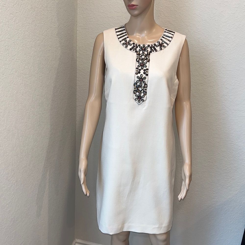 Boden Limited Edition wool ornated crème & black sheath dress, well made.